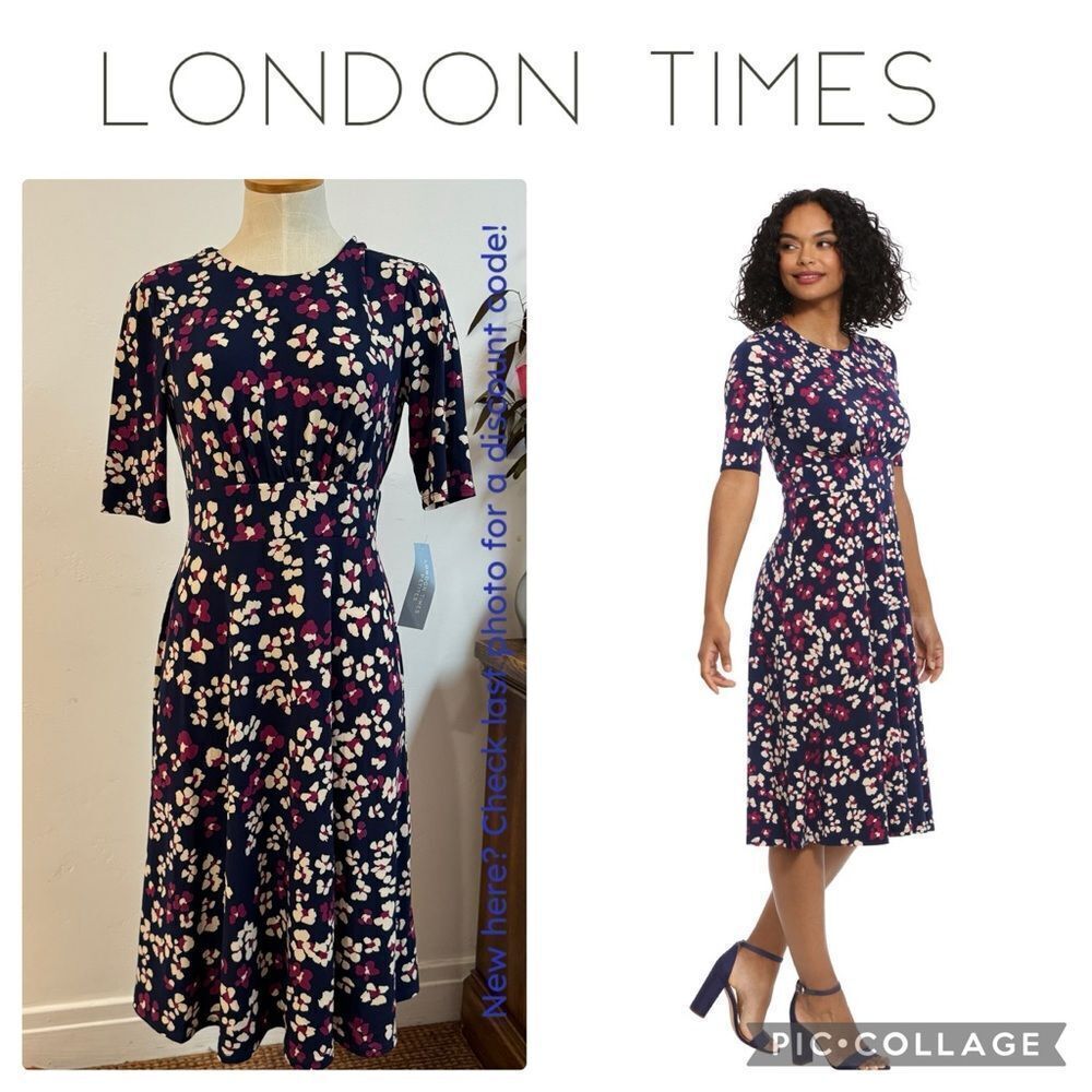 London Times | "Clio" Floral Elbow-Sleeve Inset Waist Midi Dress -Navy Coral, 6P